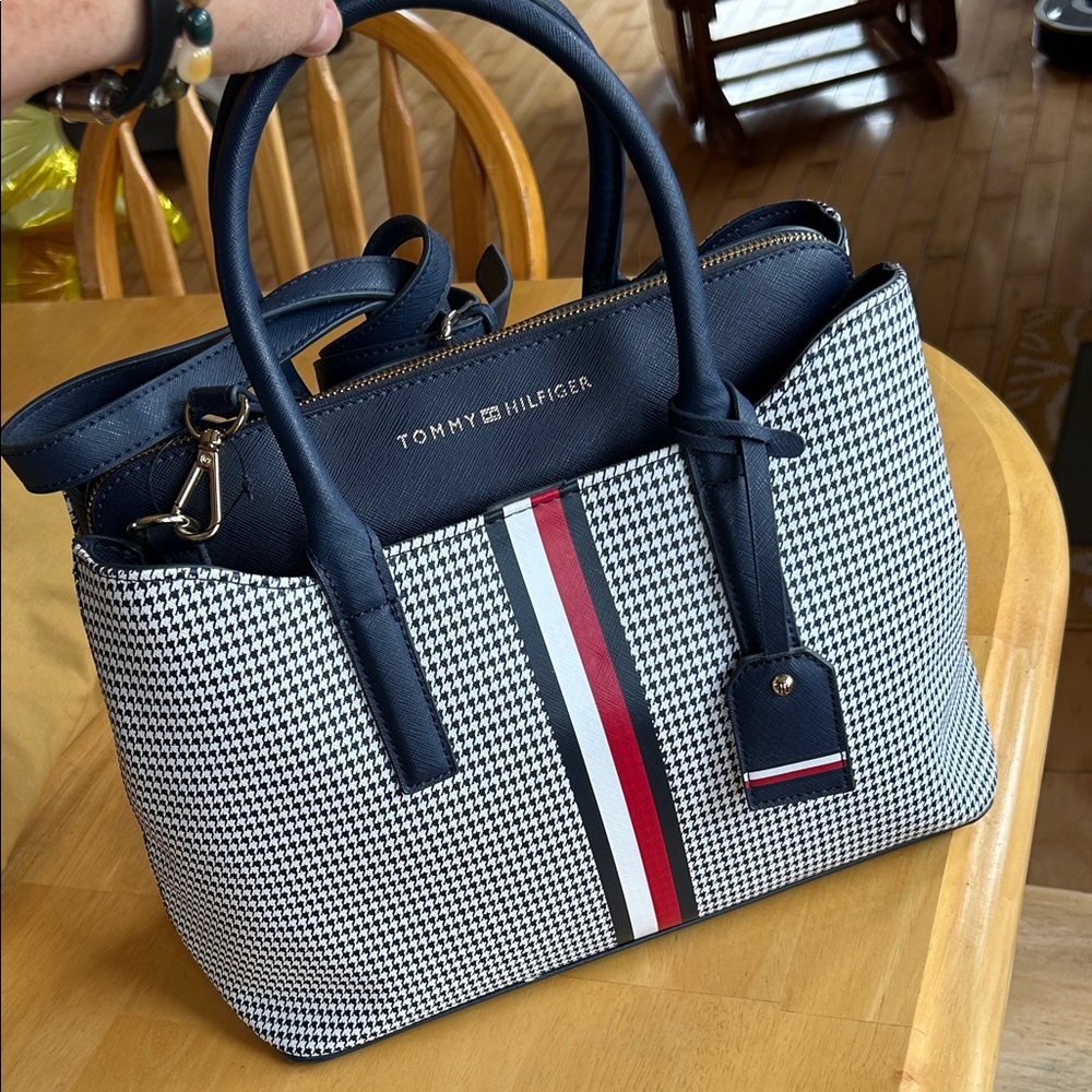 Tommy Hilfiger Houndstooth Satchel in Navy and Red